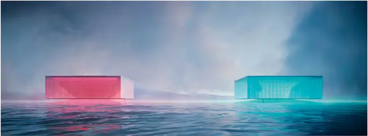 Una scatola di vetro rossa e una blu su un lago nella nebbia