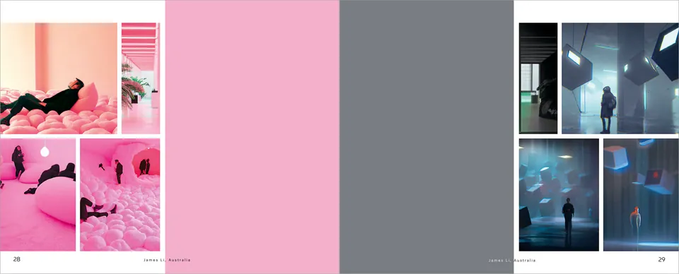 Una stanza di cuscini rosa su una pagina rosa, e sale blu scuro su una pagina grigia