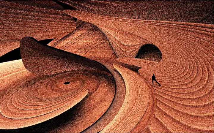 Un suolo di terracotta a vortici, attraversato da una minuscola figura
