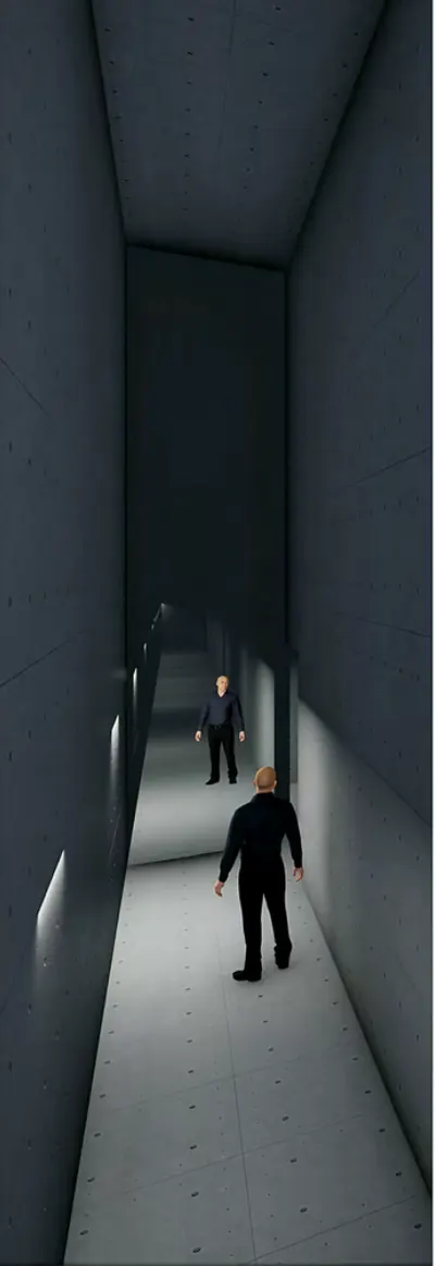 Una persona che percorre un corridoio di cemento stretto e buio