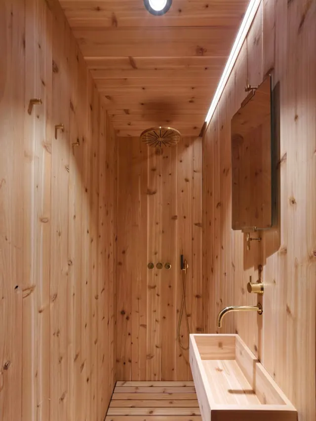 The cedar bathroom: timber walls, a long wooden basin, a rain shower and a skylight