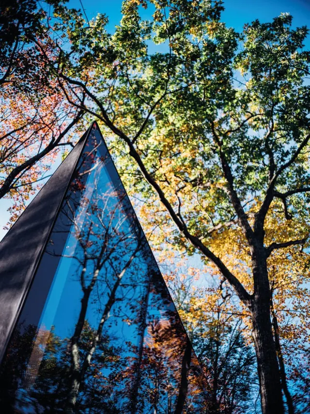 Looking up the A45’s glass end, autumn leaves against a blue sky
