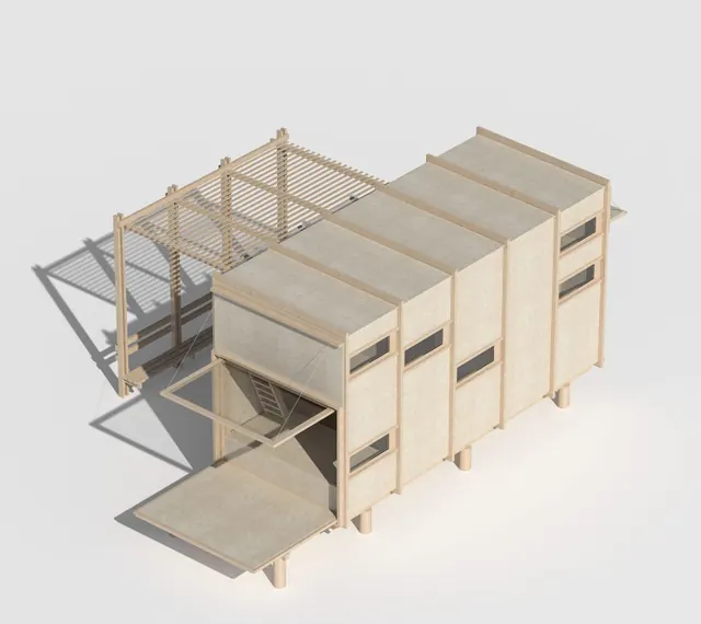 A drawing of the cabin from above, its front folded down into a terrace and a slatted pergola at one end