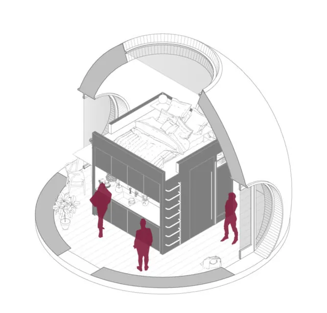A cutaway drawing of the shell with the plywood box inside and red figures for scale