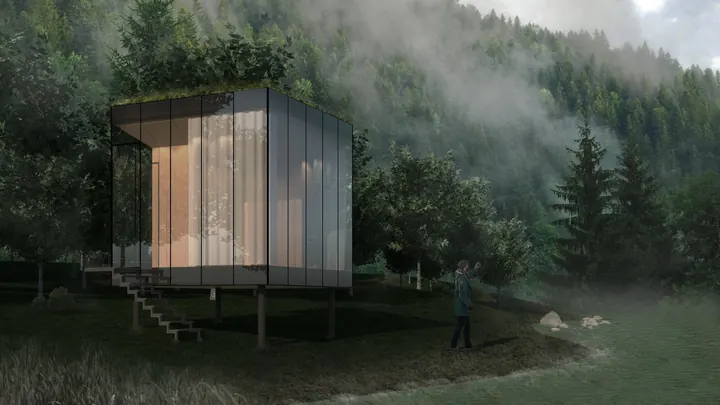 The glass cabin on thin legs at the edge of a misty pine forest, lit from inside, a green roof on top