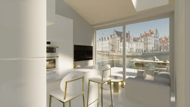 The living room: a kitchen, a table with gold chairs and a wide window onto a canal lined with old gabled houses