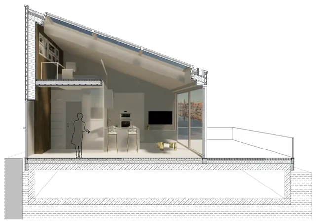A section through one home: the living room and kitchen below, the bedroom above under the sloping roof, and the terrace by the water
