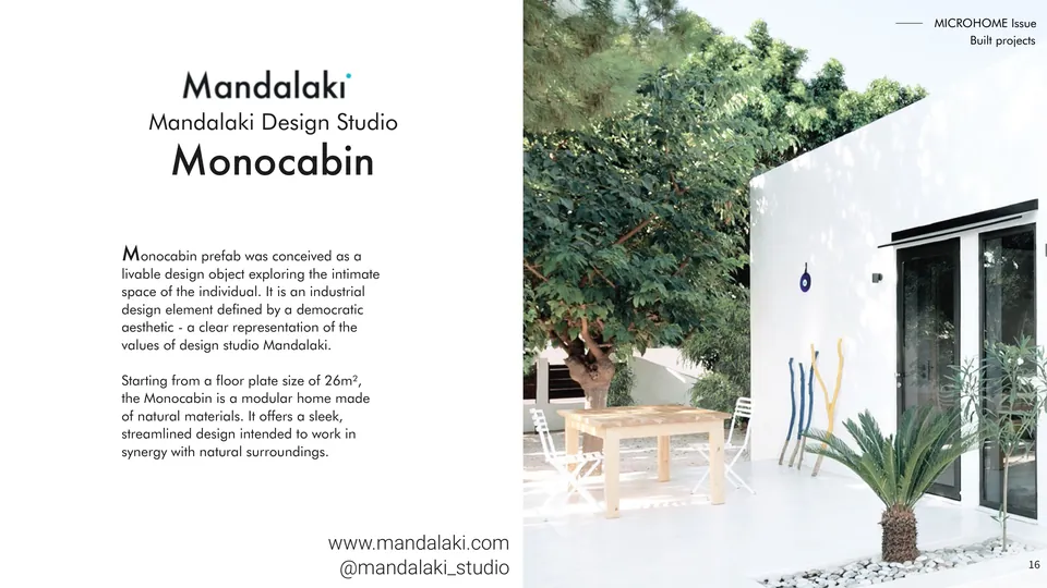 A page with the Monocabin title and text beside the white cabin, its black glass doors open onto a terrace with a table and a palm
