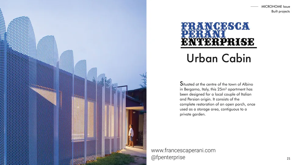 A page with the Urban Cabin title beside its blue perforated metal screen with arched tops, lit at dusk
