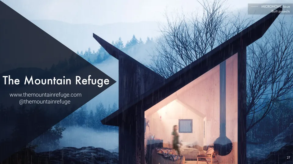 A whole page for The Mountain Refuge: a black timber shelter with a folded roof, glowing inside, in misty mountains