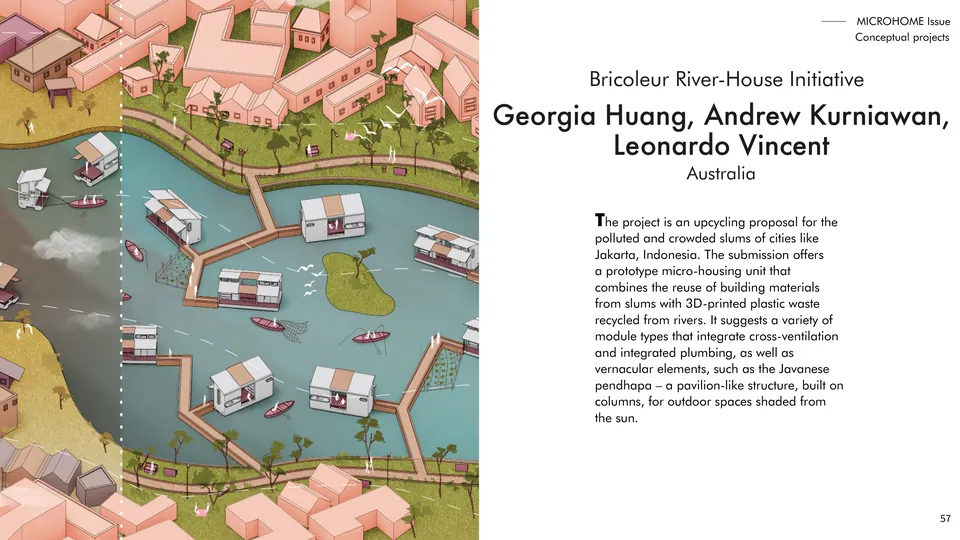 A drawing of small homes floating on a river among pink town houses, beside the project’s title and text