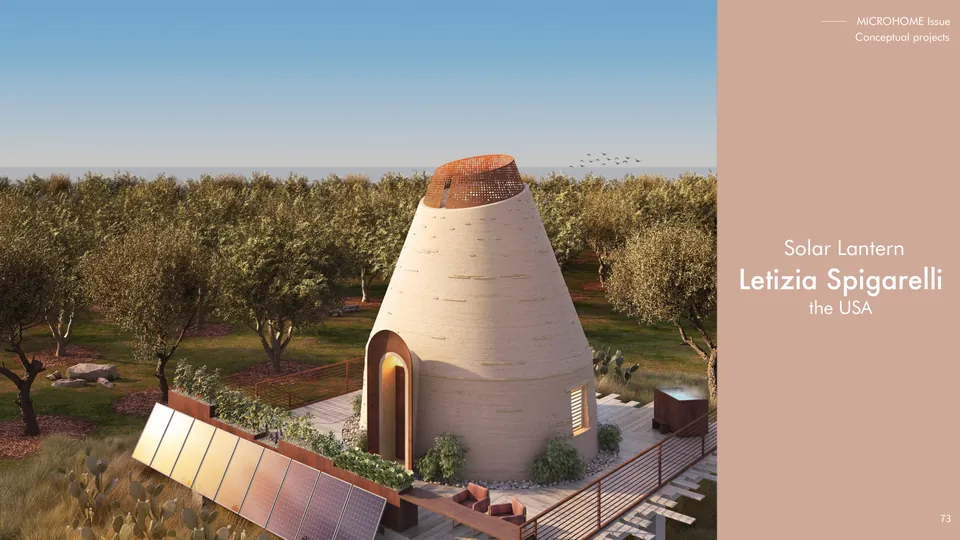 A cone-shaped earth house among olive trees, solar panels in front, with the title on a pink panel