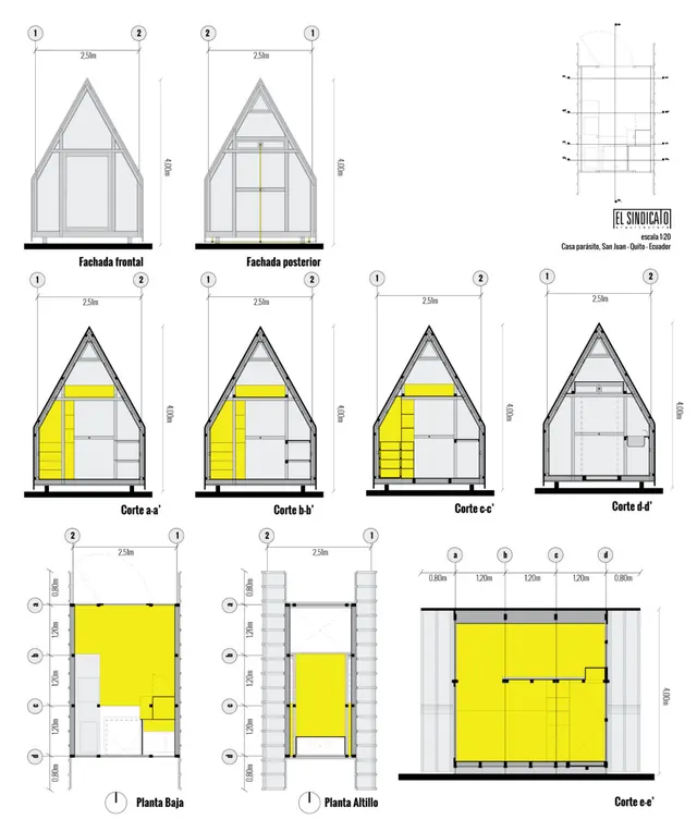 Drawings of Casa Parásito: its A-shaped sections and plans, with the bathroom and storage in yellow