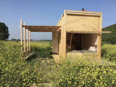The plywood cabin in a field of yellow flowers, open at the front, a timber pergola beside it
