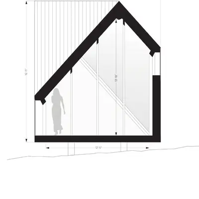 A section drawing of the A45: the steep roof, a tall glass end and a figure for scale