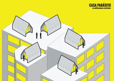 A yellow drawing of silver A-frames sitting on the roofs of apartment blocks