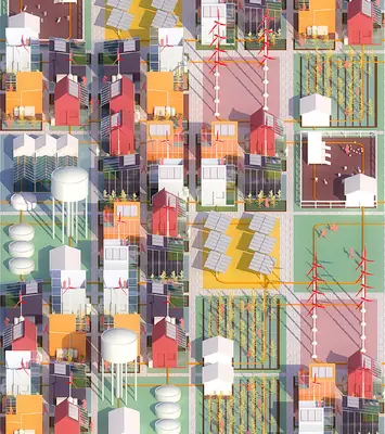 A colourful plan of a neighbourhood of small homes, gardens, water tanks and solar panels