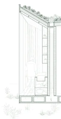 A section through the glass cabin: the planted roof sloping inward, shelves along the glass and the space under the floor