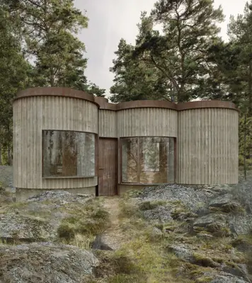 A cluster of round timber rooms with rusted roofs on a rocky, mossy clearing among pines