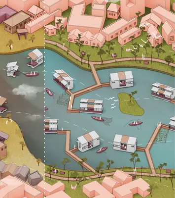 A drawing from above of small homes floating on a river, joined by walkways, beside pink town houses