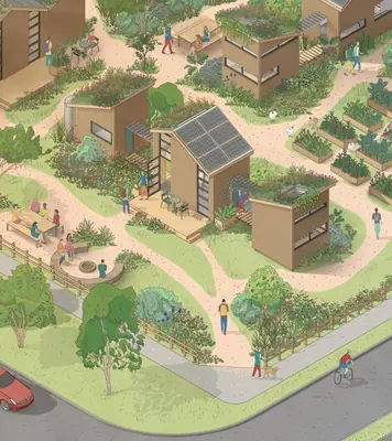 A drawing of small timber homes with green roofs among shared gardens and paths