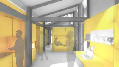 A yellow interior with grey figures cooking, reading and working along a long service wall