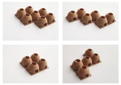 Four photos of clay models of the beehive shells, joined in groups of four, five and six