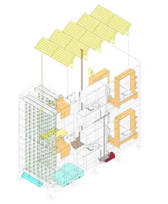 An exploded drawing of a tall frame of homes with solar panels on top and gardens up its side