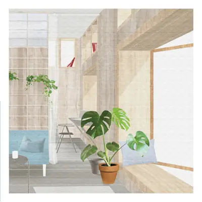 An interior of pale timber and glass with a blue bench and a big potted plant