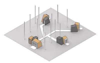 A drawing of small huts spread out among tall trees, joined by walkways