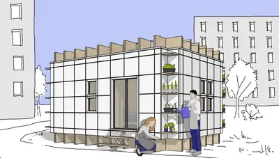 A sketch of a white grid-framed house with plants on its shelves and two people gardening, flats behind