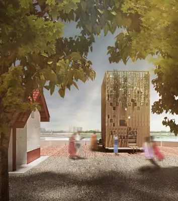 A tall timber house clad in bookshelves on a brick square under trees, people walking past
