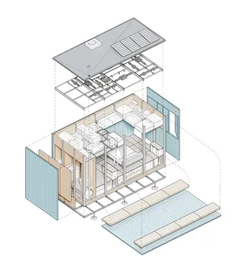 An exploded drawing of the home: roof, pull-out floor and ceiling parts, walls and a deck