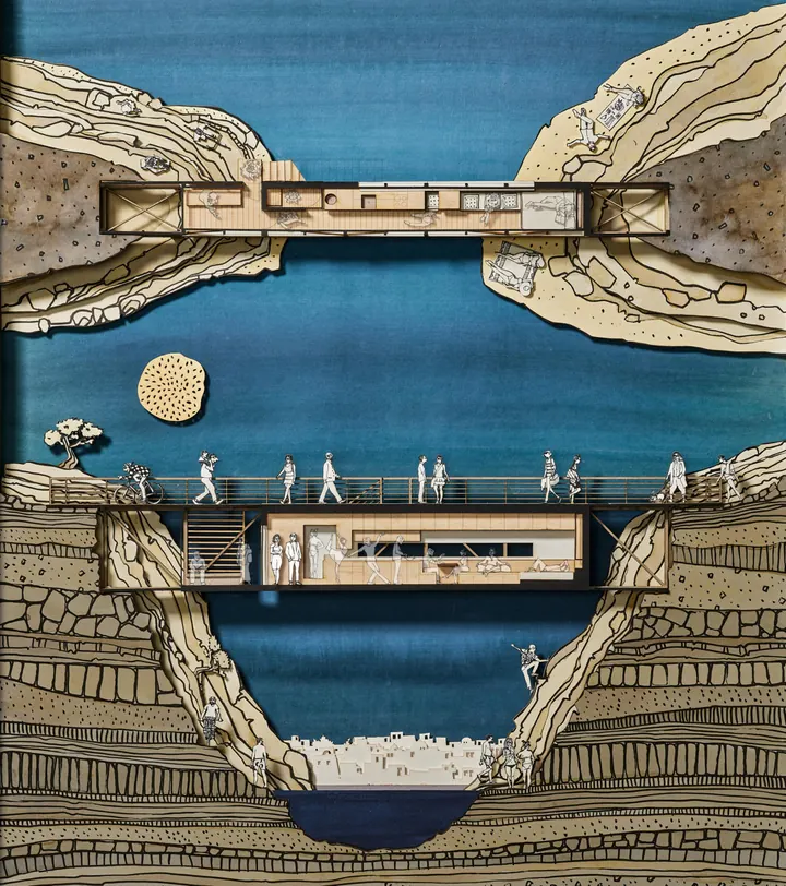 An illustration of a river gorge: people crossing a bridge, and the long home hung beneath it