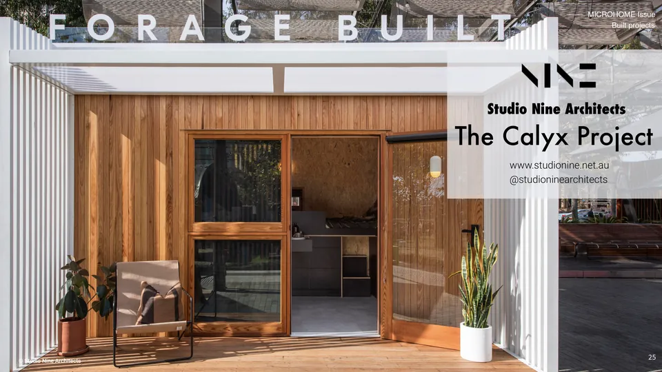 The Calyx Project: a small timber pod with its door open under a white canopy, beside its title