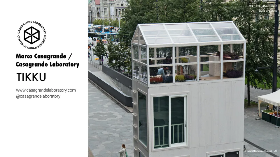 TIKKU: a slim timber tower with a greenhouse on top on a square in Helsinki, beside its title