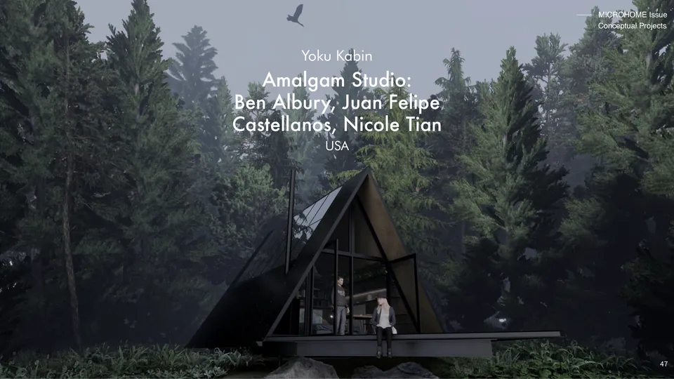 Yoku Kabin: a black A-frame cabin lit from inside in a dark pine forest