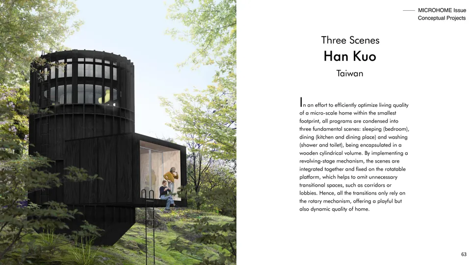 Three Scenes: a black round tower in a wood beside the project’s title and text