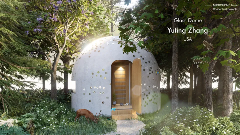 Glass Dome: a white dome set with glass bottles in a wood, its door lit from inside