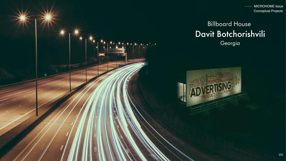 Billboard House: car lights streaming along a motorway at night past a lit billboard