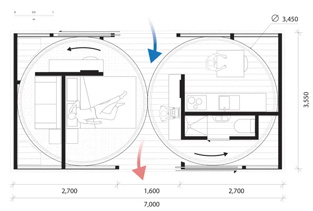 Plan of the home: two round turntables side by side, arrows showing which way they turn