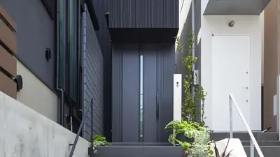 A narrow house clad in black steel at the top of a stepped path, plants by the door