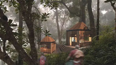 Timber huts with pointed roofs in a misty jungle, people walking below