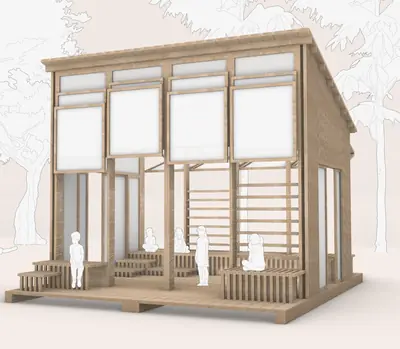 A timber frame of polycarbonate panels and slats, with white figures on its steps