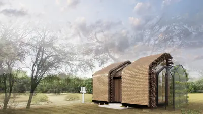 A vaulted cabin of woven reed in a dry forest of low trees