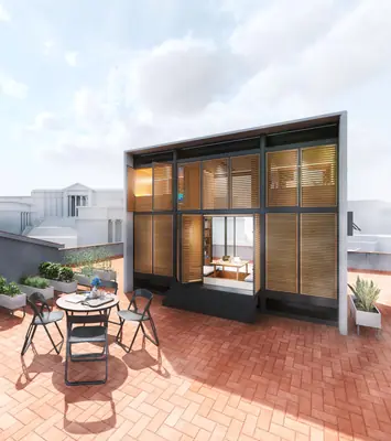 A dark framed module with timber shutters on a terracotta rooftop terrace