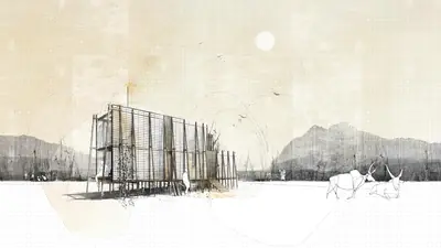 A sketched timber frame house raised on legs in a plain, deer grazing beside it