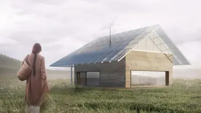 A low house with a glass greenhouse roof in a misty meadow, a woman walking towards it