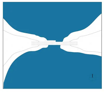 A plan in blue and white: a river gorge with a bridge across its narrowest point
