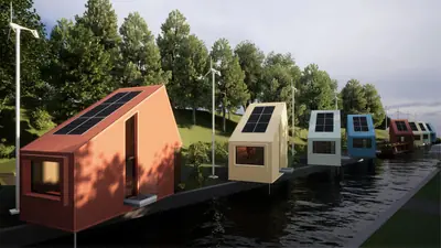 A row of small homes in bright colours with solar roofs along a canal